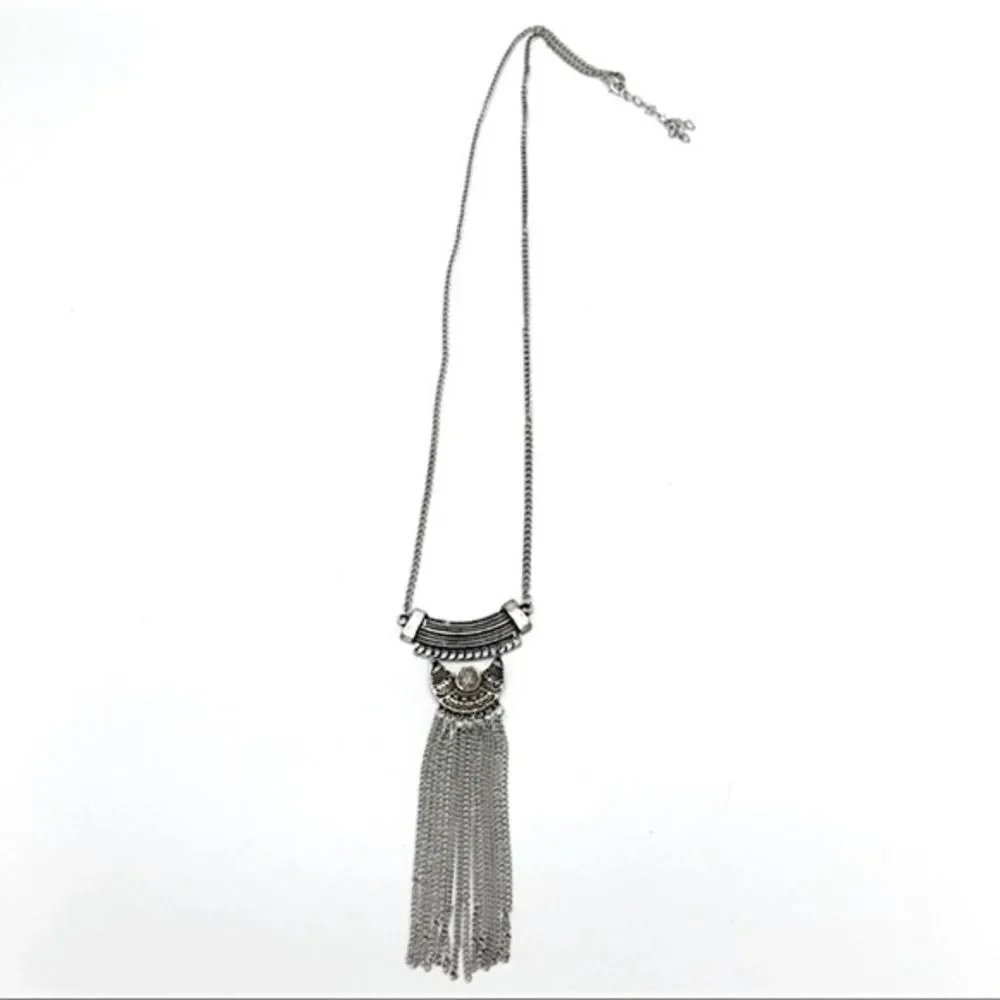 Western Silver tone Fringe Moon Metal Long Necklace Bohemian Southwestern